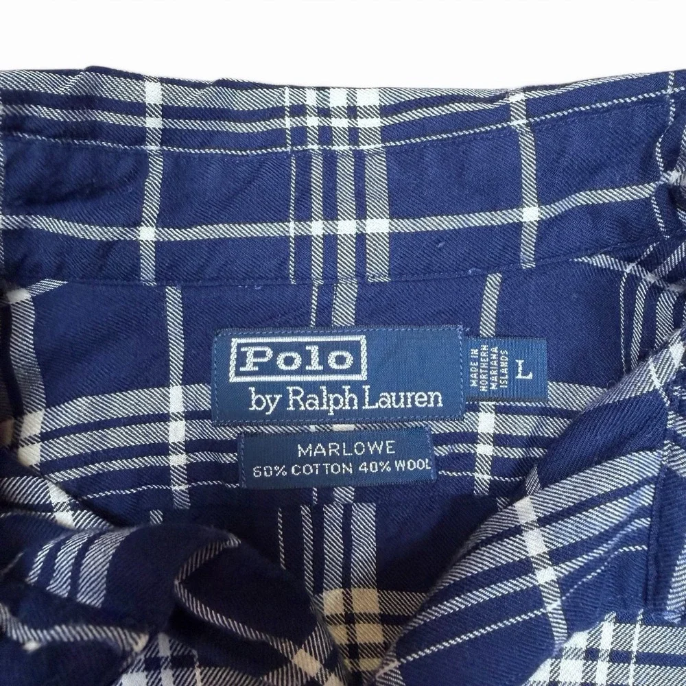 Polo by Ralph Lauren L Plaid Marlowe Wool Blend Blue Plaid Long Sleeve Shirt